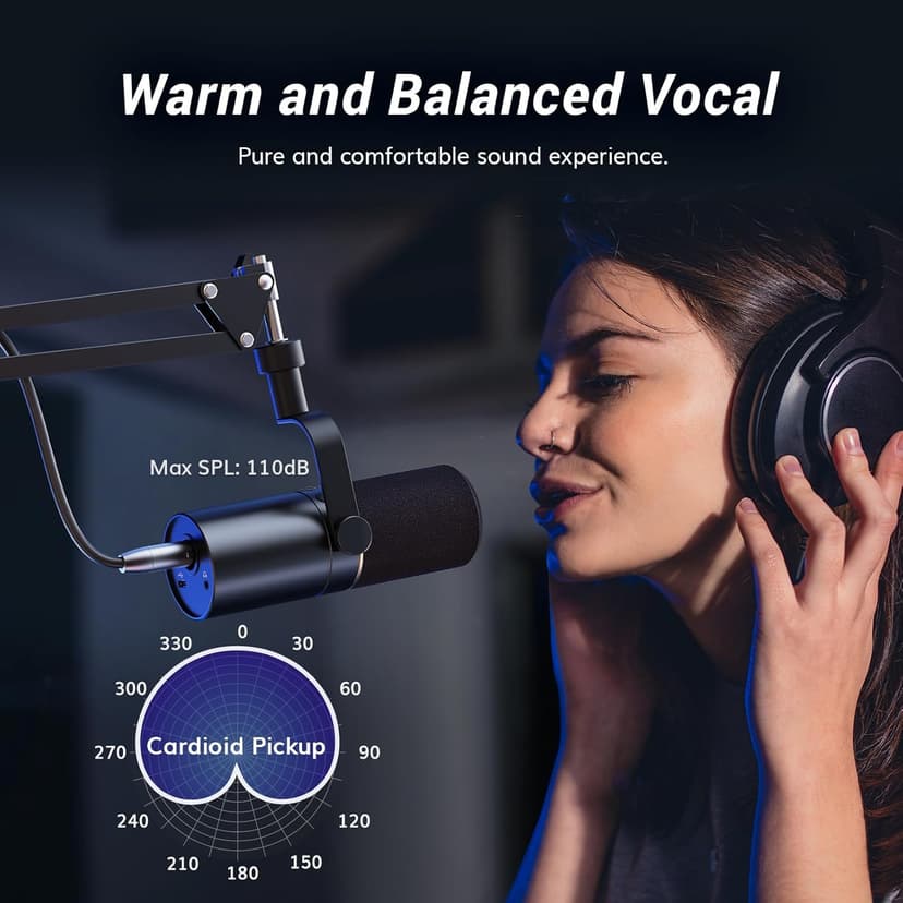 TONOR Dynamic Podcast Microphone, XLR/USB Mic for Podcasting, Recording, Streaming, XLR Cardioid Studio Mic with Quick Mute, 3.5mm Headphone Jack, Volume Control, Microfono with Boom Arm, Black,TD510+