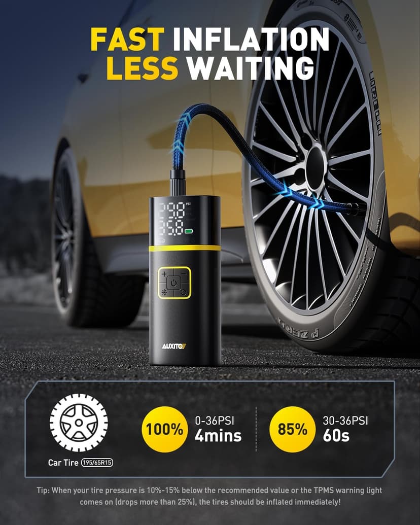 40L/min Tire Inflator for Car Tires, Bikes and Motorcycles, Auto Shut-off, Digital Display Pressure Gauge, LED Light AUXITO 150PSI Tire Inflator Portable Air Compressor, 5X Faster Air Pump B0DMNMCGMY
