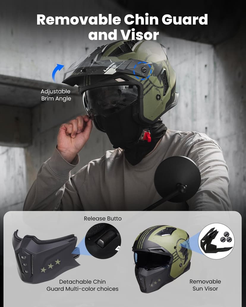 ILM Open Face Motorcycle 3/4 Half Helmet for Men and Women, Vintage Retro Helmet with Visor for Moped ATV Cruiser Scooter DOT Model Z302(Army Green,X-Large)