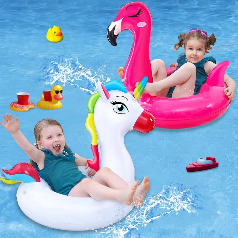 2 Pack Pool Floats for Kids Unicorn Flamingo Swim Ring Kids Pool Floaties Inflatable Swimming Pool Raft Party Water Toys for Age 2-5 Year Toddlers Girls Boys Summer Beach Float
