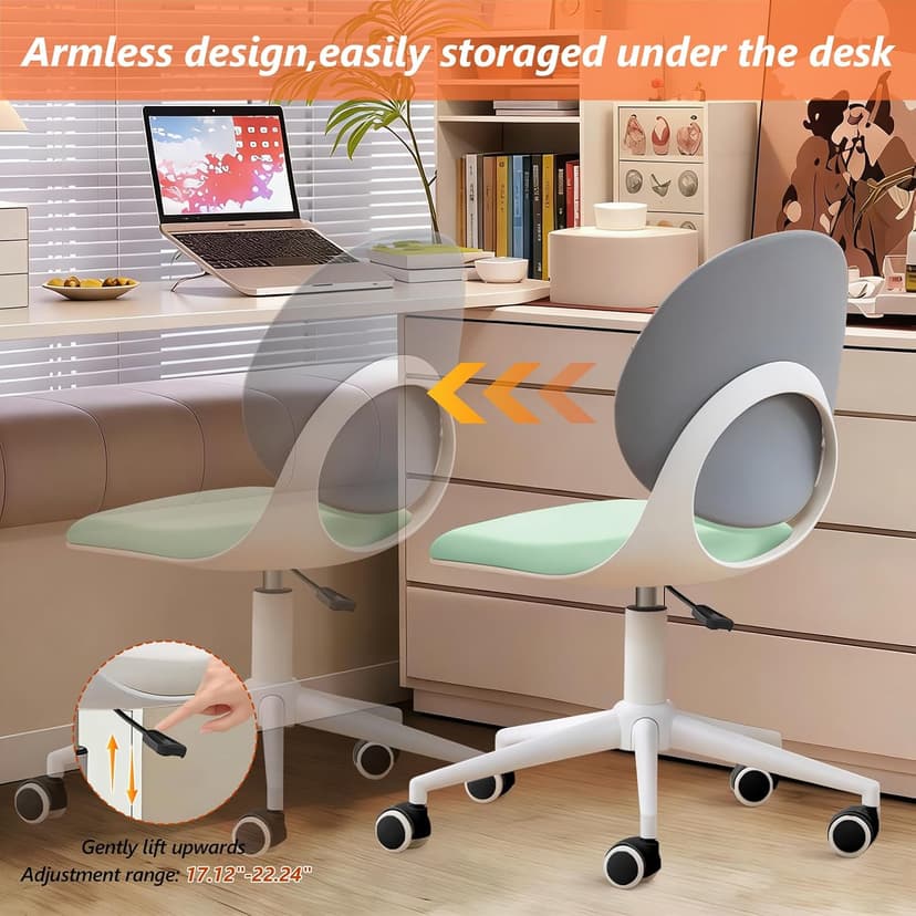 Modern Home Office Chair, Armless Faux Leather Fabric Desk Chair with Mid-Back, Swivel Height Adjustable Ergonomic Computer Task Chair for Office, Bedroom, Make Up, Study