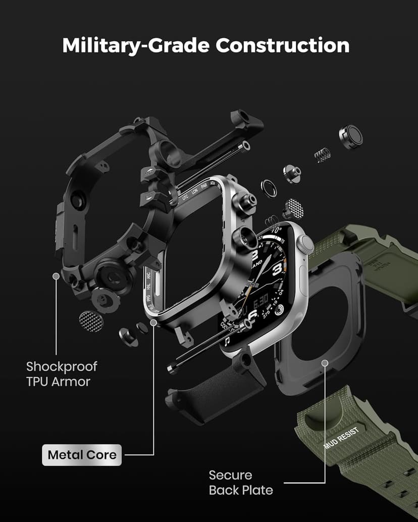 amBand Rugged Case with Band for Apple Watch 46mm, Compatible with Apple Watch (iWatch) Series 10 11, Military Grade Shockproof Bumper Cover, Tactical Band for Men, Army Green