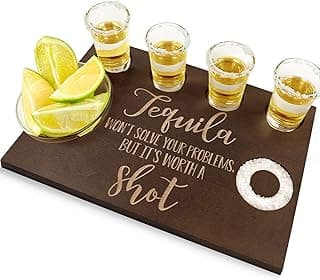 Tequila Gifts for Women and Men - Shot Board and Glass Holder Wooden Bar Tray with Salt Rim - for Liquor, Parties, Weddings, Housewarmings