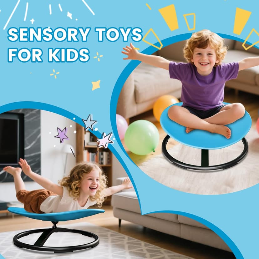 21" L × 19" W Large Size Spinning Chair for Autistic Kids, Toddler Sensory Spinning Chair, Sensory Toys Gifts for Kids with Autism & ADHD, Sit and Spin Training Body Coordination, Azure Rounded Shape