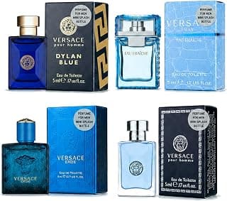 Versace Cologne for Men Set of 4 Mini Eros, Pour Homme, Dylan Blue, Eau Fraiche Perfume for Men Fragrance Sampler Set - Designer Mens Cologne Samples (4 Count, 0.17 oz)