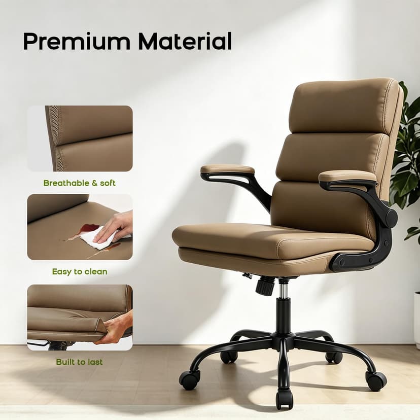 Office Chair Adjustable Desk Chair Mid Back Executive Comfortable Bonded Leather Ergonomic Back Support Home Computer Chairs with Padded Flip-up Armrest Swivel Wheels (Tan)