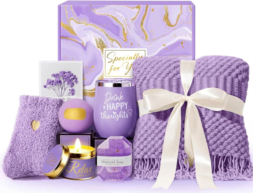 Christmas Gifts for Women, Self Care Get Well Soon Gifts, Lavender Relaxing Spa Gift Basket Care Package w/Blanket, Mothers Day Valentines Birthday Gifts for Mom Grandma Wife Girlfriend Sister Friends