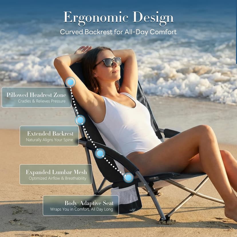 DUMOS Low Camping Beach Chair, Lightweight Folding Portable Beach Chair with Cup Holder, Storage Pocket, Breeze Mesh Back, Padded Armrests, Low Profile Chair for Camp, Picnic, Lawn, Sand, Black
