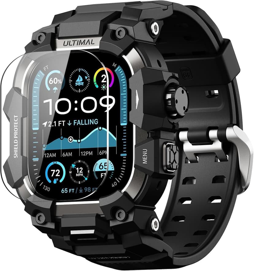 ULTIMAL Rugged Case with Band for Apple Watch 49mm,Compatible with Apple Watch Ultra 3/2/1, Military Grade Shockproof Bumper Cover for iWatch Tactical Band Men (Black, 49mm)