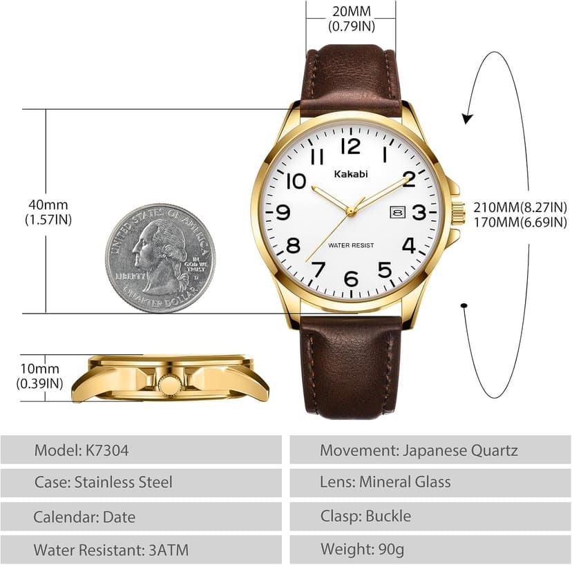 Kakabi Watch for Men, Fashion Minimalist Wrist Watch Waterproof Quartz Analog Date with Leather Strap