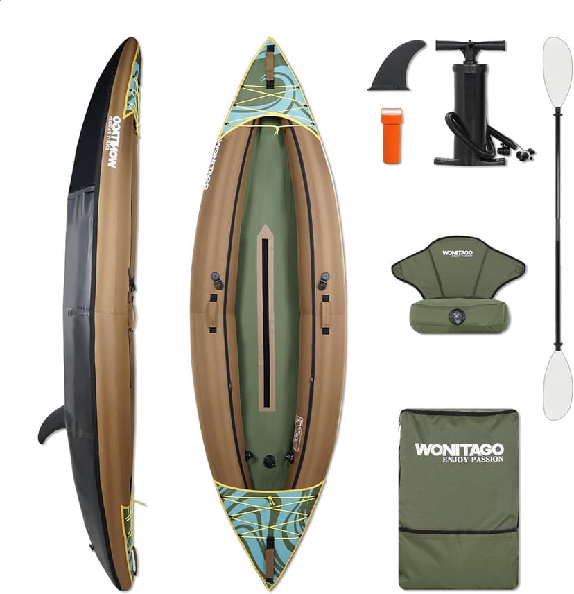 Inflatable Kayak, Portable Ripstop Oxford Cloth Recreational Touring Kayak with Fiberglass Kayak Paddle, Hand Pump and Carrying Bag, 1/2 Person