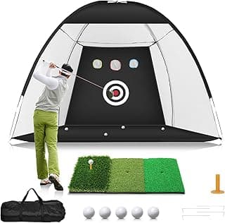 Golf Net, 10x7ft Practice Net with Tri-Turf Mat, All-in-1 Home Golf Hitting Aid for Backyard Driving Chipping Swing Training, Black