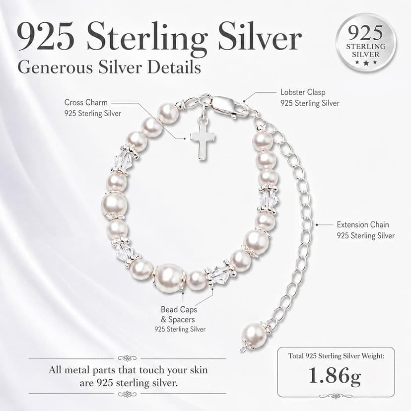 Baptism Bracelet in Sterling Silver and Cultured Pearls for Baby Girls, with Silver-plated Jewelry Keepsake Box, Great Catholic Christening and Baptism Gifts for Girl