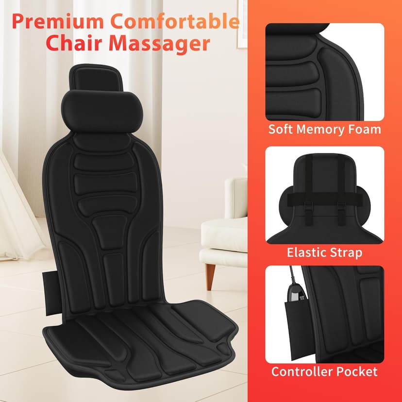 Back Massager with Heat,Vibration Massage Chair Pad with 5 Massage Modes & Adjustable Heat Levels, Memory Foam Back Massager Cushion for Office Chair, or Home Use,Midnight