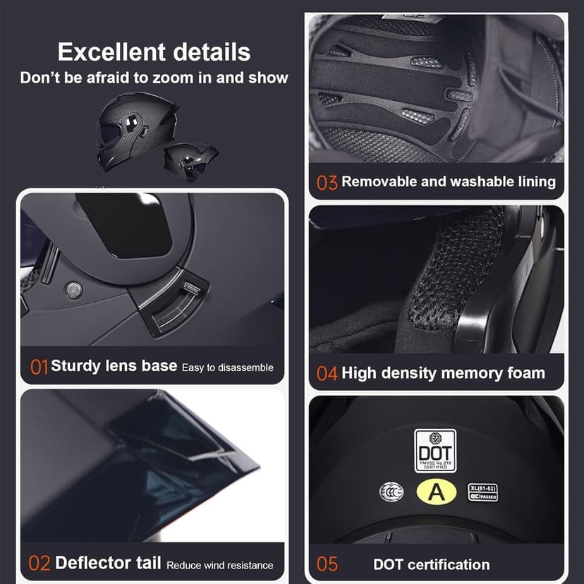 Bluetooth Modular Motorcycle Helmet DOT Approved Full Face Flip up Anti-Fog Double Visor Helmet Street Bike Helmet Built-in Dual Speaker with Microphone