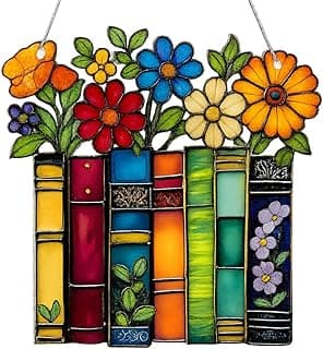 Book Lovers Gifts for Women, Book Ornament Faux Stained Glass Window Hanging, Bookish Gifts for Teacher, Librarian, Reader, Bookworm, Christmas Stocking Stuffer Tree Decorations (Floral Shelf)
