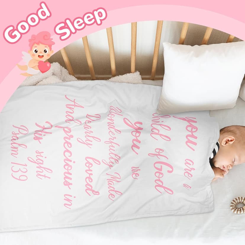 Rtteri Christian Gift for Baby Plush Baby Blanket with Dotted Backing First Communion Gift Baptism Blanket Scripture Swaddle Bible Verse for Newborn Boy Girl Christening Godchild Gift(Pink and White)
