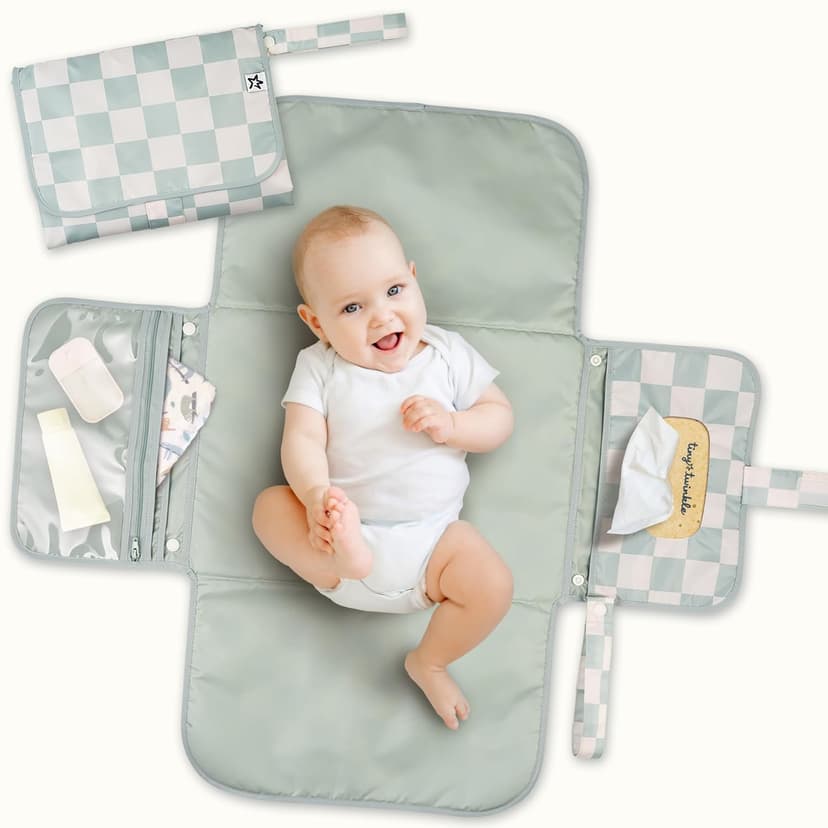 Tiny Twinkle Portable Diaper Changing Pad | Waterproof, Wipeable & Compact Baby Changing Pad for Travel | Smart Wipes Pocket & Organized Storage| Newborn Shower Gift (Sage Checkers) B0DDT2VW7T