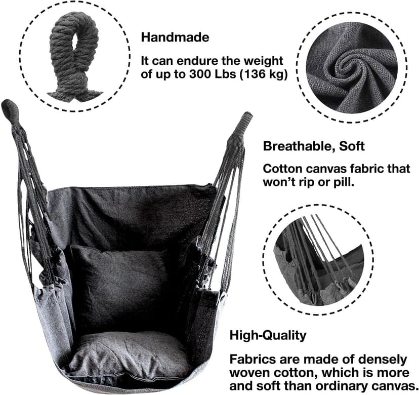 Hommtina Hammock Chair Hanging Rope Swing, Max 300 Lbs Hanging Chair with Pocket & Durability Perfect for Outdoor, Home, Bedroom, Patio, Yard (Pillows NOT Included,Dark Gray)