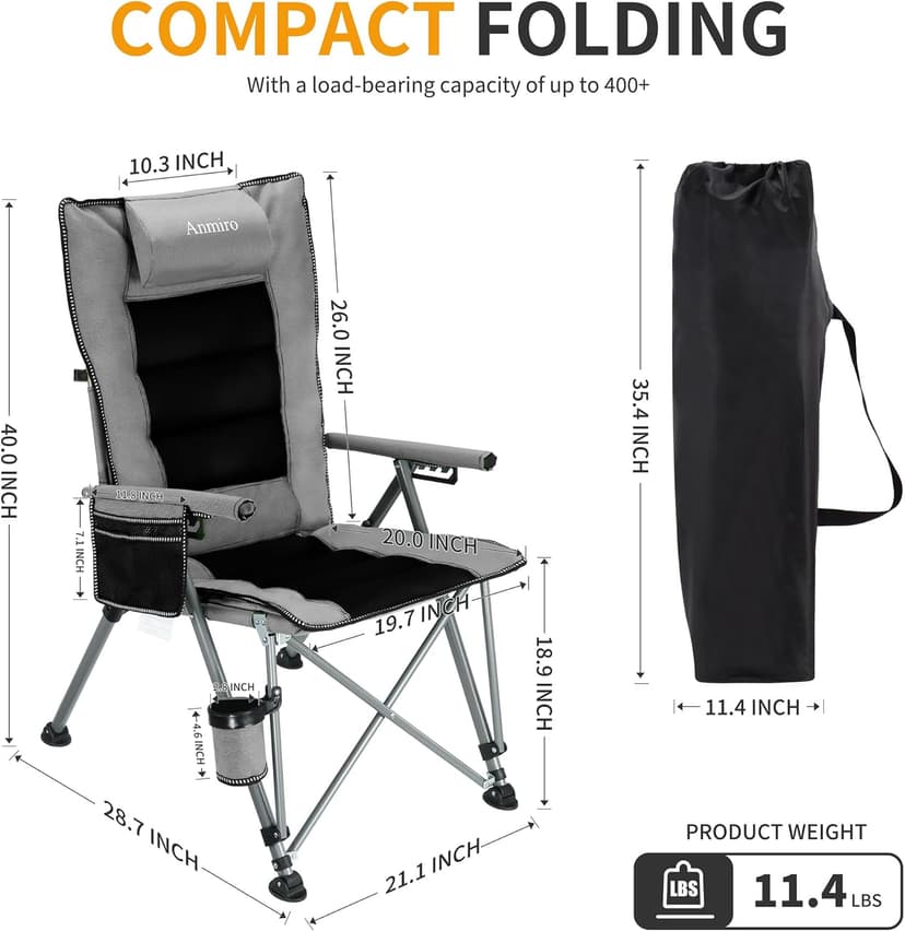 Folding Camping Chair with Cup Holder and Storage Bag, Heavy Duty Support 400 LBS, Oversized Collapsible Portable Adjustable Back Support Camping Chair for Outdoor Lawn Patio Balcony
