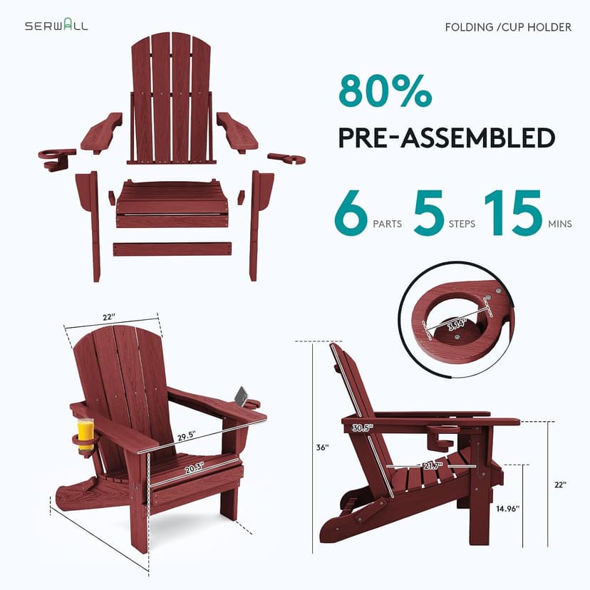 SERWALL Adirondack Chair with Cup Holders - Composite Adirondack Chairs Set of 2 HDPE Outdoor Chairs All Weather Use- Dark Red