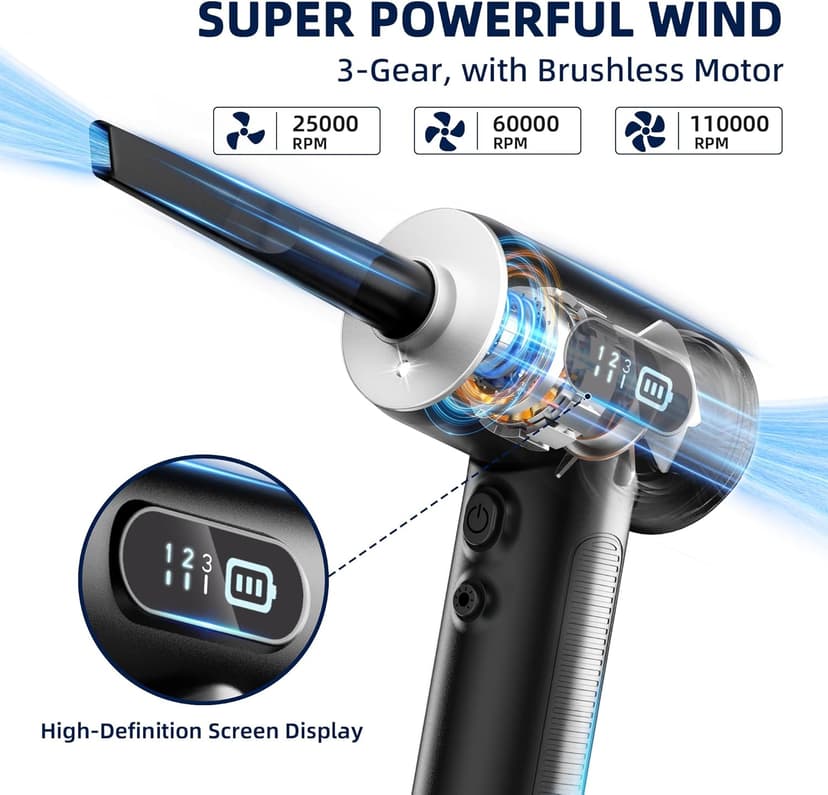 Compressed Air Duster & Vacuum Cleaner-3 Gear Adjustable 100000RPM Handheld Car Vacuum/Air Blower,Electric Air Duster with LED Light for Keyboard Electric Devices Cleaning.Replaces Compressed Air Cans