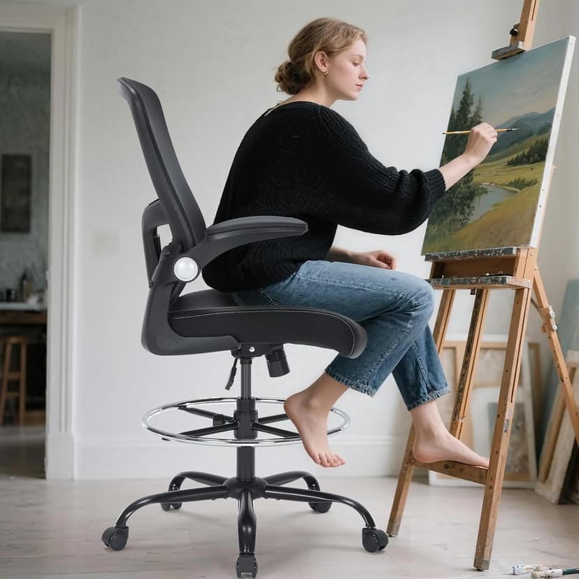 Drafting Chair, Tall Office Chair with PU Leather Seat, Ergonomic Standing Desk Chair with Lumbar Support Counter Height Office Chair with Adjustable Footrest Ring Flip-up Armrests