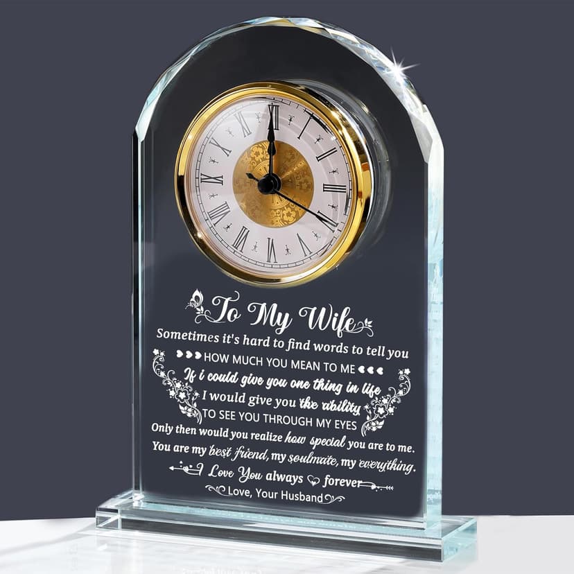 Gifts for Wife Romantic Anniversary Birthday Gift Ideas, Glass Clock to My Wife from Husband for Valentine's Day Christmas Mother's Day Crystal I Love You Keepsake Home Decor