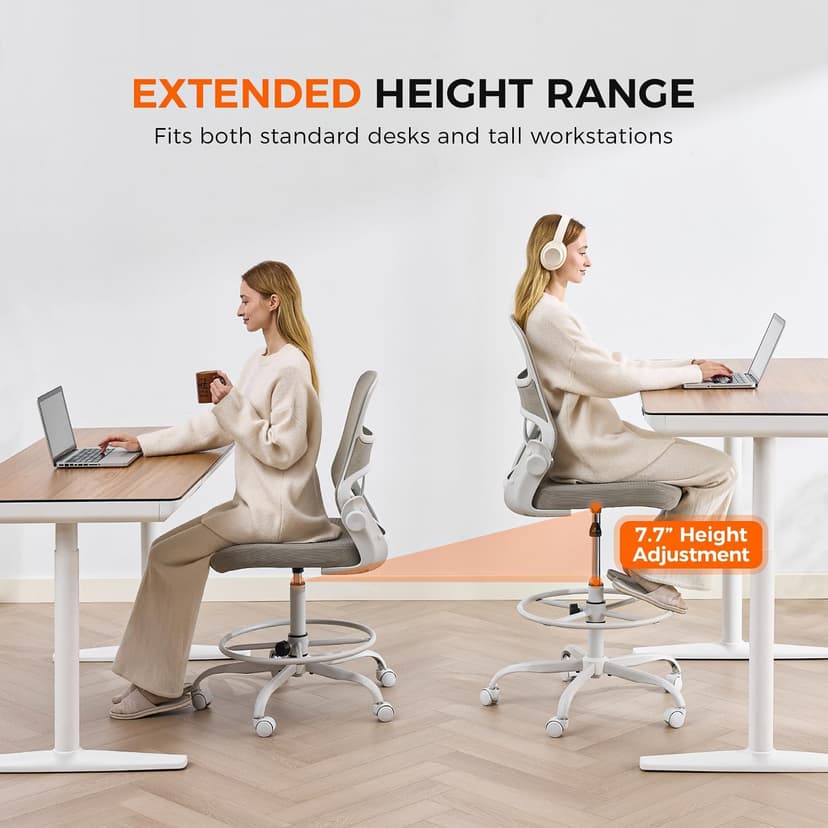 Drafting Chair Armless, Tall Office Chair with Adjustable Foot Ring and Lumbar Support, Ergonomic Mesh High Desk Chair for Standing Desk, Black