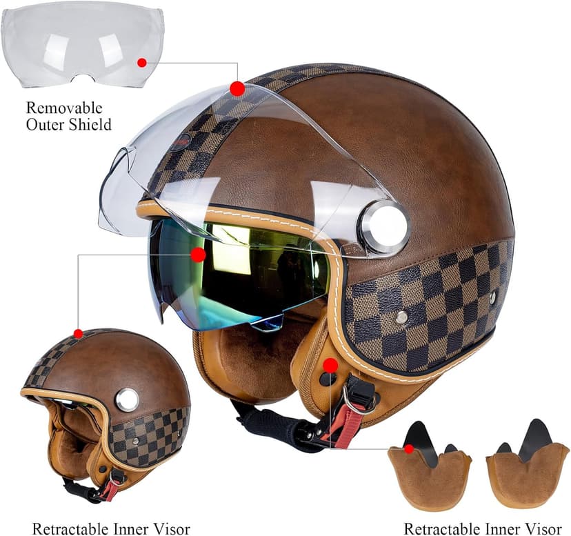 Dual Visor 3/4 Open Face Motorcycle Helmet for Men & Women, DOT Approved Unisex Retro Half Helmet,Motorbike Casco for Moped Cruiser Bobber and Chopper