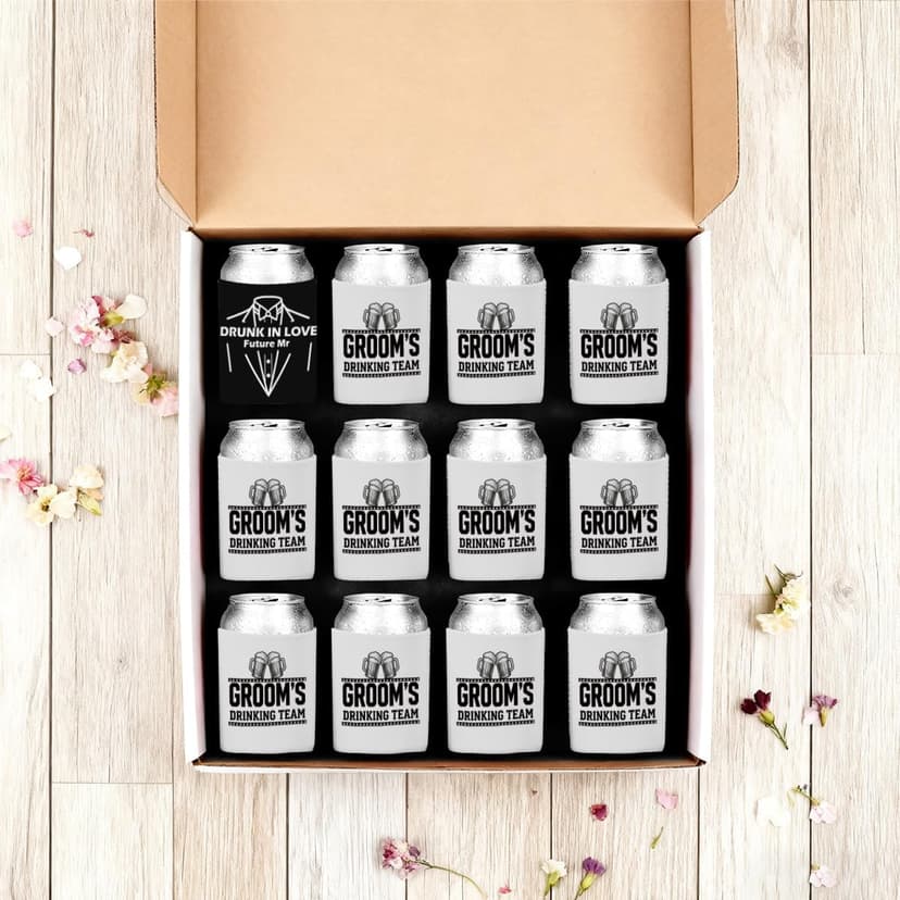 12pcs Beer Can Cooler Sleeves Bachelor Party Favors Bride And Groom Gifts Suit Dress Can Cooler Insulated Sleeves Decorations for Wedding Eve Gift for Men Groom Groomsman
