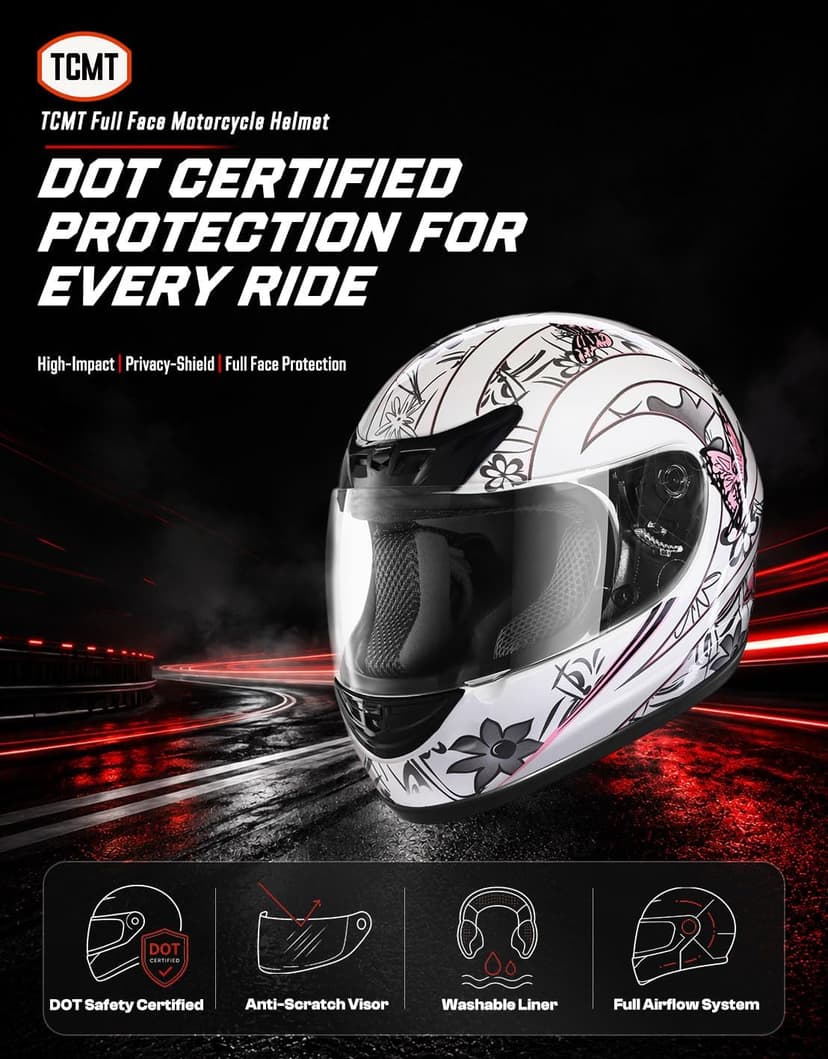 TCMT Full Face Motorcycle Helmet for Adults Men Women, Lightweight Polycarbonate Street Bike Dirt Bike Helmet with Anti-Scratch Mirror Shield and Removable Liner, DOT Approved