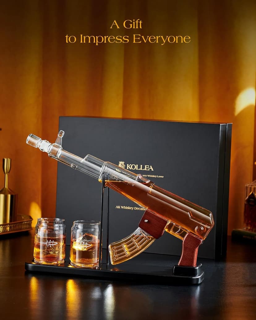 Kollea Birthday Gifts for Men Dad, Whiskey Decanter Sets - Gun Decanter, Detachable Magazine & 2 Bullet Shot Glasses, Liquor Dispenser for Bar, Anniversary Military Present for Brother, Christmas
