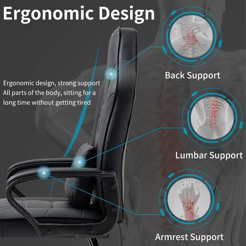 Leather Office Guest Chair No Wheels High Back Computer Reception Chairs with Padded Arms Waist Pillow for Gaming Meeting Conference Waiting Room, Black
