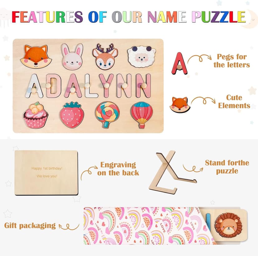 Personalized Wooden Name Puzzles for Toddlers 1-3 | Custom Wooden Name Puzzle for Easter Basket Stuffers for Toddler | Customized Baby Gifts for Boys Girls First Birthday B0CRP7NTR5