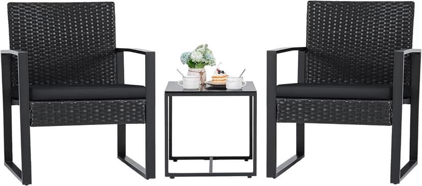 Flamaker 3 Pieces Outdoor Patio Wicker Furniture Set, Modern Rattan Chair Conversation Sets with Coffee Table for Yard and Bistro (Black)