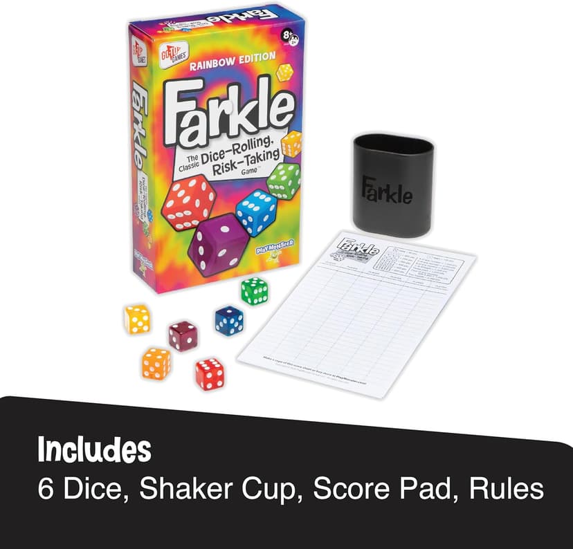 Farkle Classic Dice Game – Rainbow Kids Games, Dice Games, Family Games, Travel Games, Adult Games, Board Games, Dice Cup, Dice Set, Farkle Score Sheets Included, Ages 8+