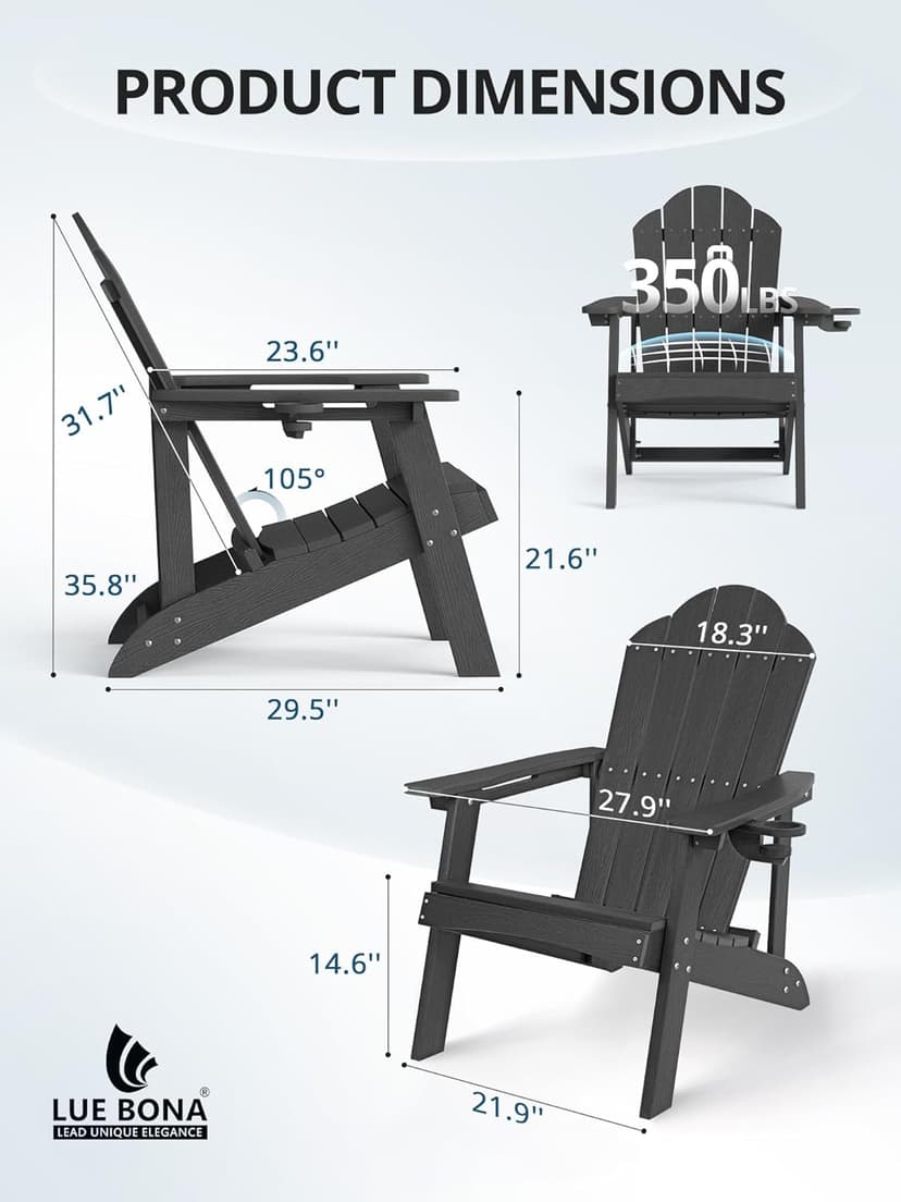 LUE BONA HDPE Adirondack Chairs Set of 4 - Weather Resistant Seating with Cup Holder for Patio, Fire Pit, Deck & Resort Garden, Black