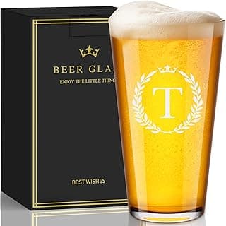 Personalized Beer Glasses Gifts for Men, 16 oz Pint Glasses Monogrammed A-Z Drinking Glass Cups Customized Gift, Unique Christmas Anniversary Birthday Gifts for Men Him Dad Brother Husband Grandpa (T)