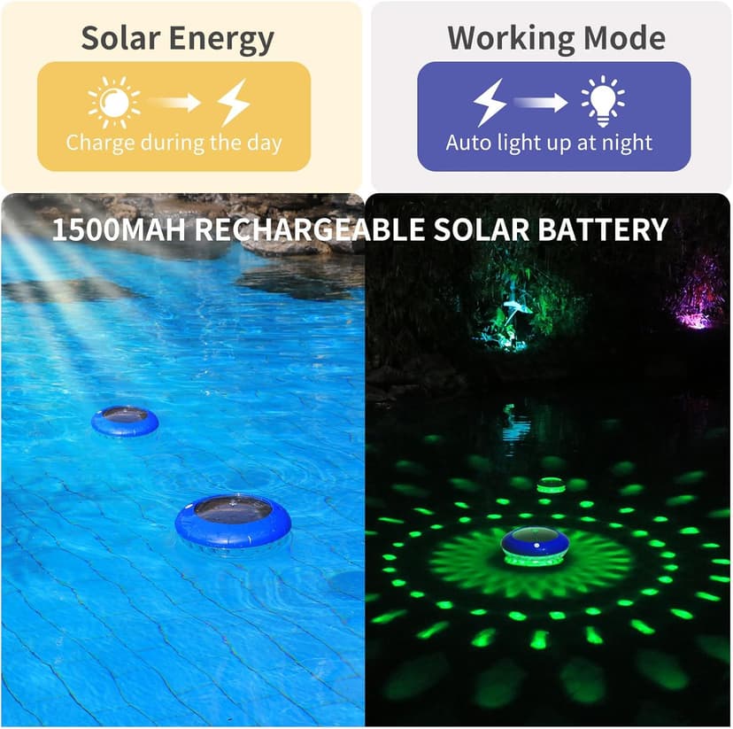 FirstE Solar Floating Pool Lights, RGB Color Changing Pool Floating Light, IP68 Waterproof LED Solar Pool Lights That Float, Hangable Auto ON Off for Above In Ground Pools Wedding Party Decoration (2)