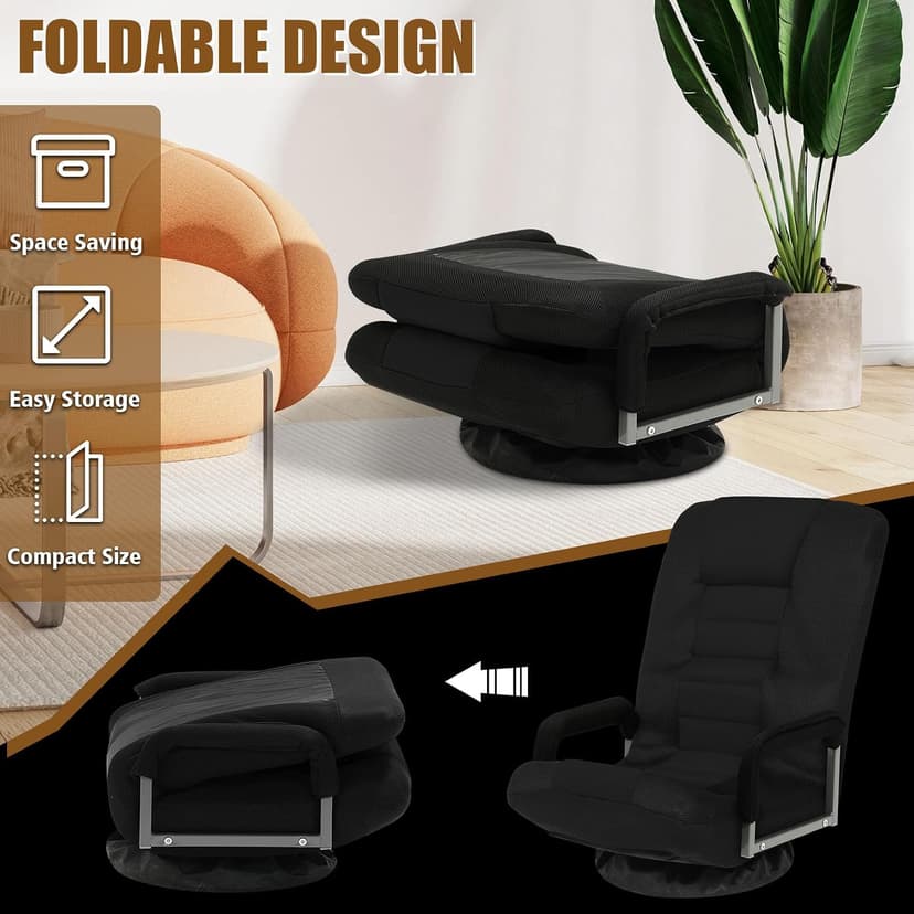 Swivel Gaming Chair Multipurpose Floor Gaming Chair for Playing Video Games, TV, Reading w/Armrest Lumbar Support & 6 Adjustable Postion Backrest for Adults, Black