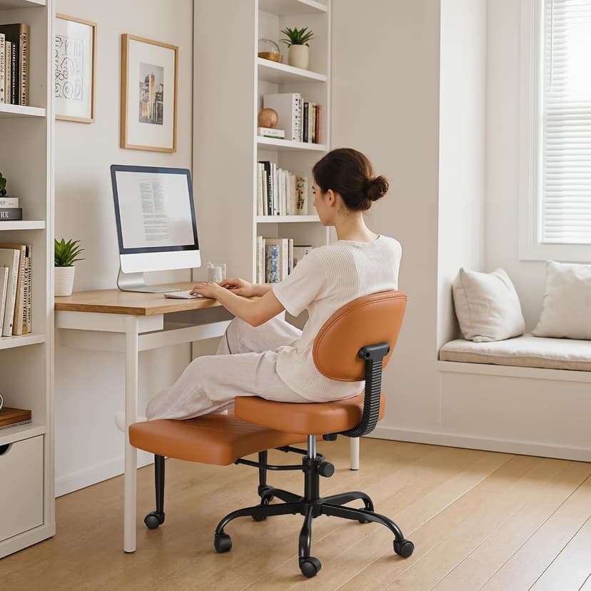 Shahoo Ergonomic Cross Legged Office Chair with Wheels - Adjustable Height Kneeling Meditation Chairs for ADHD, Yoga & Desk Work - Wide Criss Cross Seat with Lumbar Support, (Faux PU,Brown)
