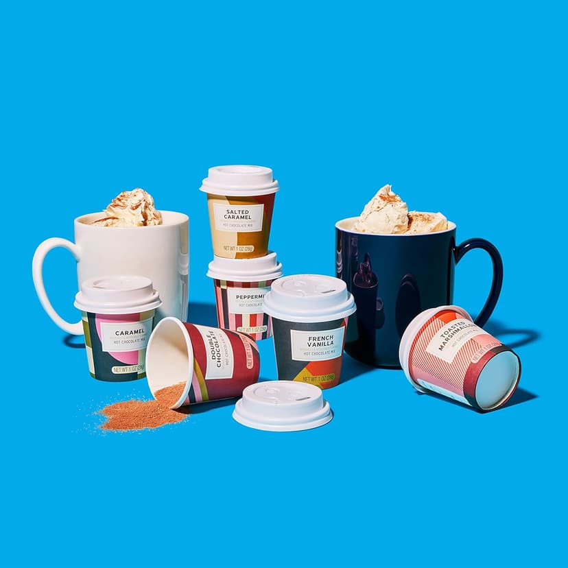 Bombombs Hot Chocolate Mix Gift Set in Mini Cup Packaging, Flavors Include Double Chocolate, French Vanilla, Peppermint, Salted Caramel and More, Set of 6