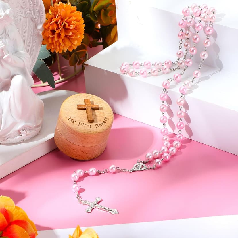 Baptism Gifts for Girls Boys Rosary Catholic My First Rosary and Keepsake Box for Baby Shower Holy First Communion Christian Beads Gifting Set(Pink)