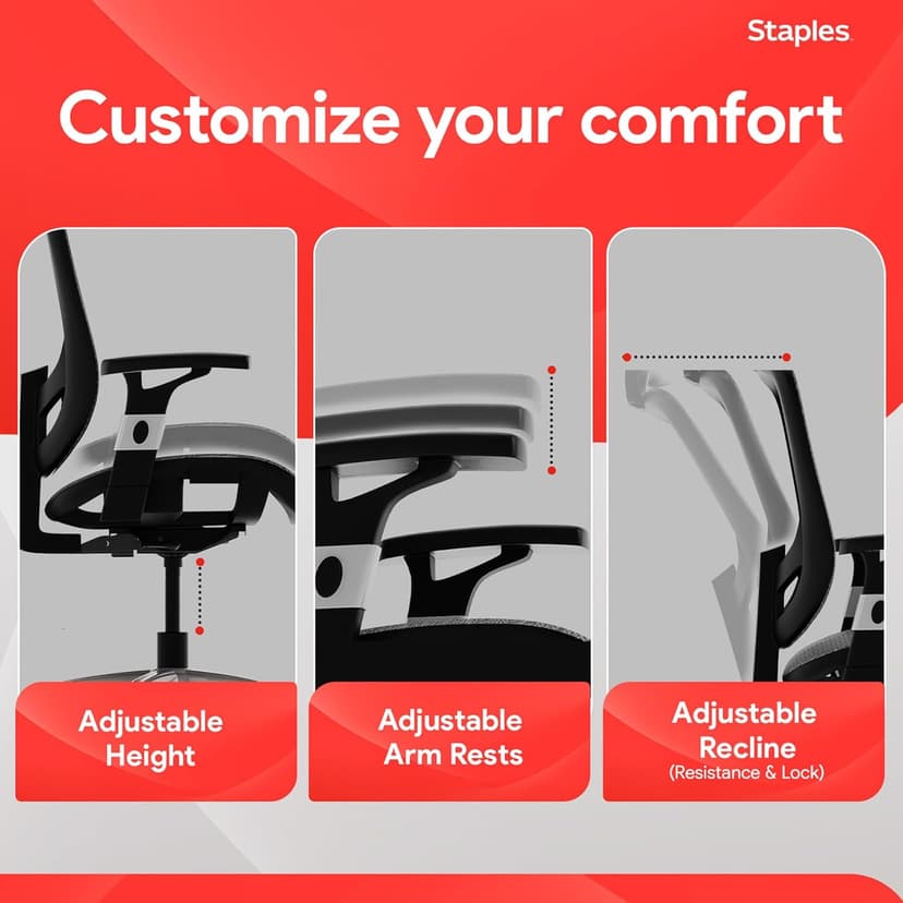 STAPLES Ergonomic Task Chair, Mesh, Ergonomic, Lumbar Support, Swivel, Gray
