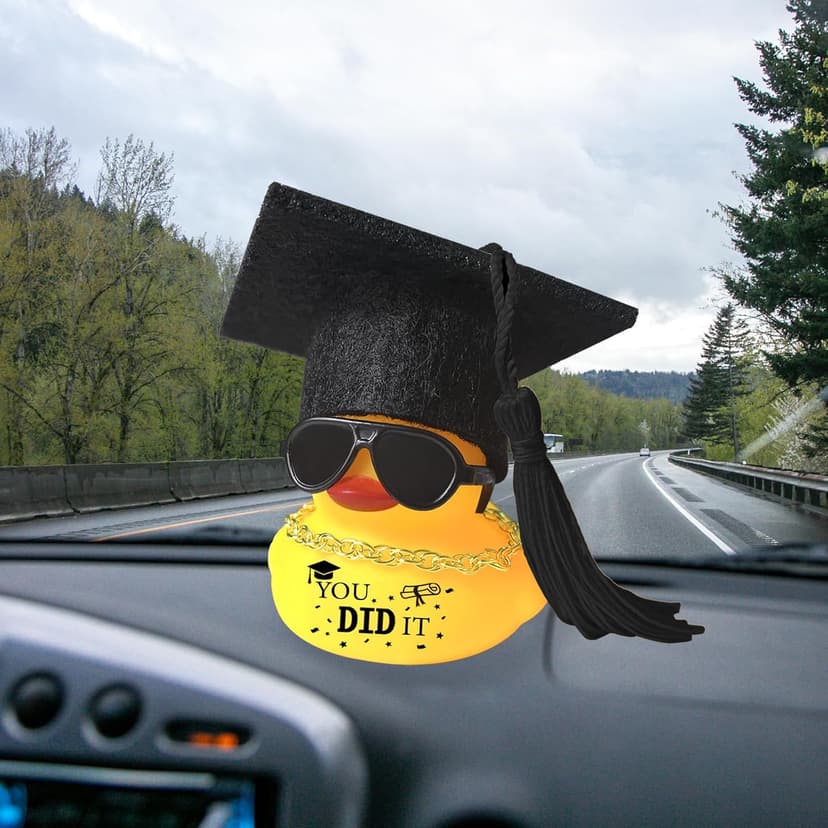 Car Dashboard Decor Graduation Hat Rubber Duck, Car Accessories Ornaments with Mini Graduation Cap, Necklace, Sunglasses for Graduates Students Grad Gift (Black) B0F26CJXTB