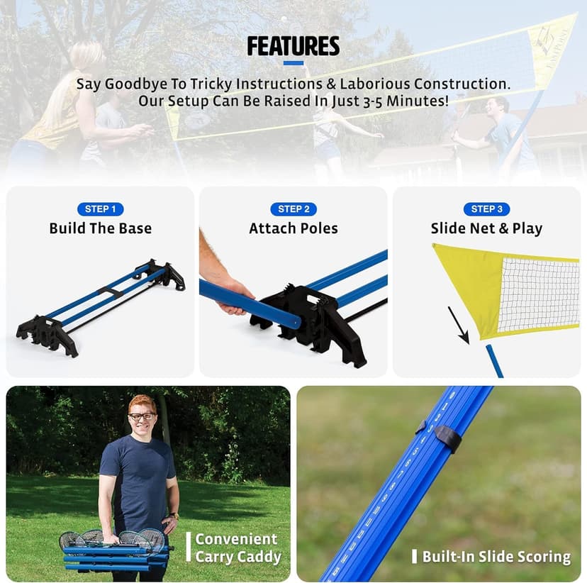 EastPoint Easy Setup Badminton Set - 5 ft Net, 4 Rackets, 2 Shuttlecocks - Quick Setup Net for Backyard Games - Steel Shaft Badminton Rackets for Family Games - Durable Shuttlecocks for Outdoor Sports