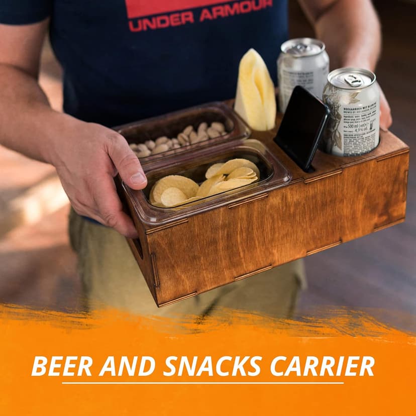 Wood Beer Box - Gift for Beer Lovers, Dad, Man, Him, Boyfriend- Drink Box Snacks Tray- Table Stand Caddy with slots for glasses, chips, nuts- Couch Organizer for Beverages, Remote Control, Phone stand