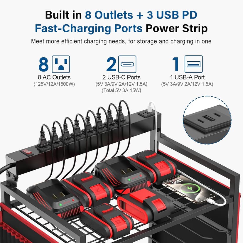 Floor Rolling, Large Tools Storage Cart on Wheels, Heavy Duty Drill Battery Station, Utility Rack Shelf for Garage Workshop JUNNUJ Power Tool Charging Organizer Cart, 8 Outlet 3 USB, 6 FT Cord, Red B0F378R323