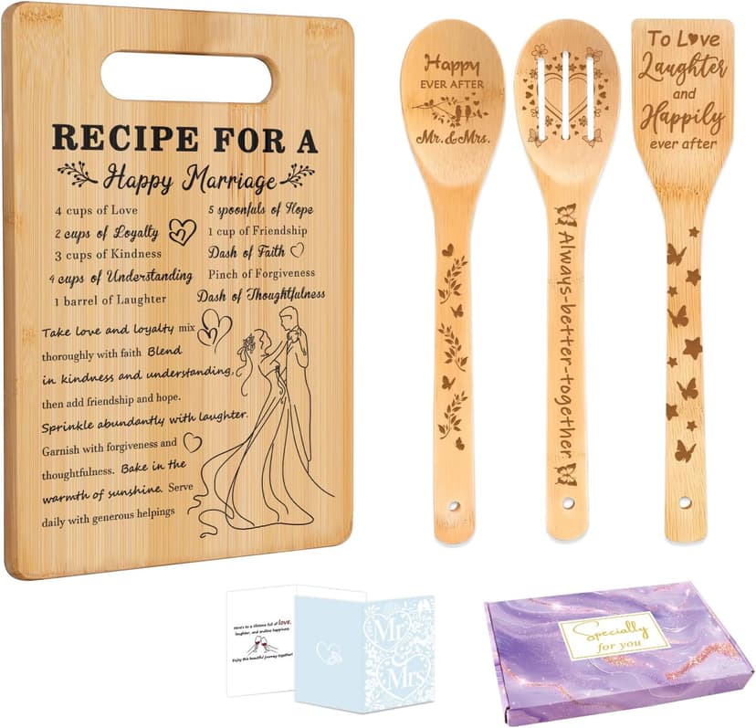 Bride to Be Gifts, Happy Marriage Wedding Cutting Board, Spoon, Shovel, Leaky Spoon and Card, Engagement Gifts for Couples Wedding Gifts for Couples 2026, Bridal Shower Gifts Cutting Board Set B0HCVGS2TF